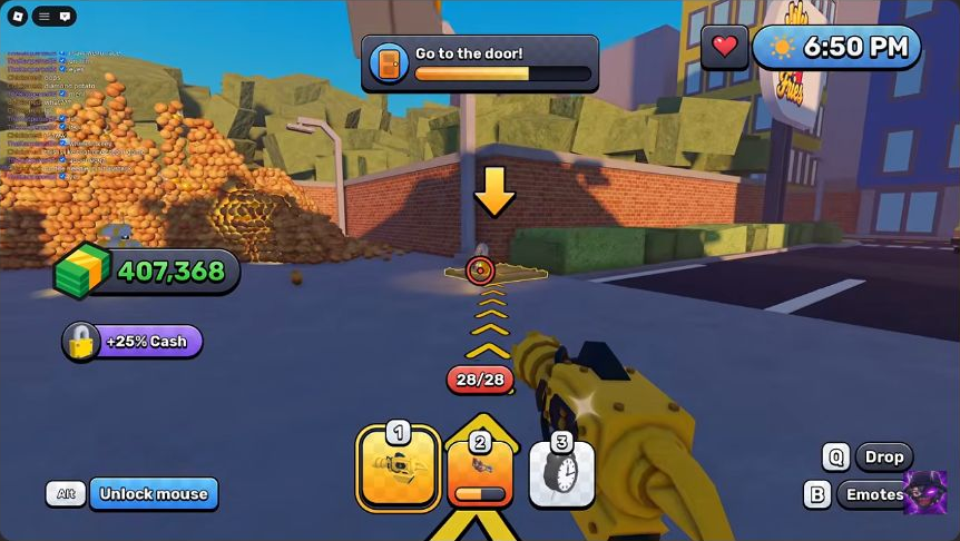 The Go to the door objective points toward a hatch beside the hedge and brick wall, with the potato pile on the left.